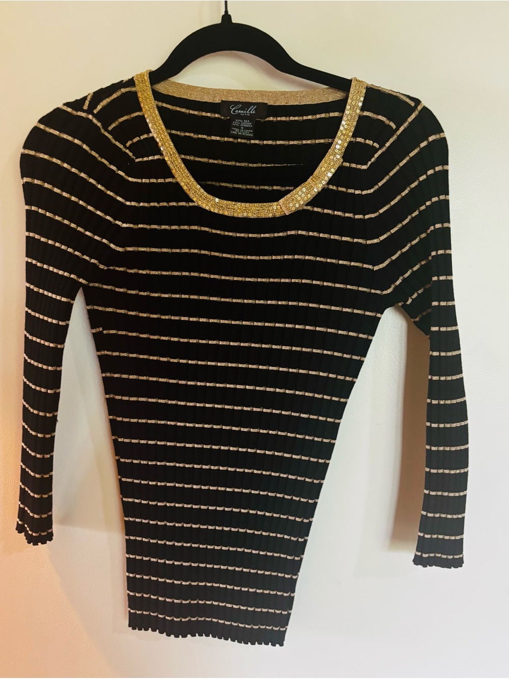 Vintage Camille La Vie Black Ribbed Knit Top with Gold Trim